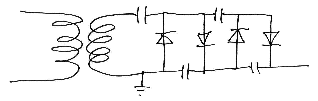 Voltage multiplier AC using only diodes and capacitors.